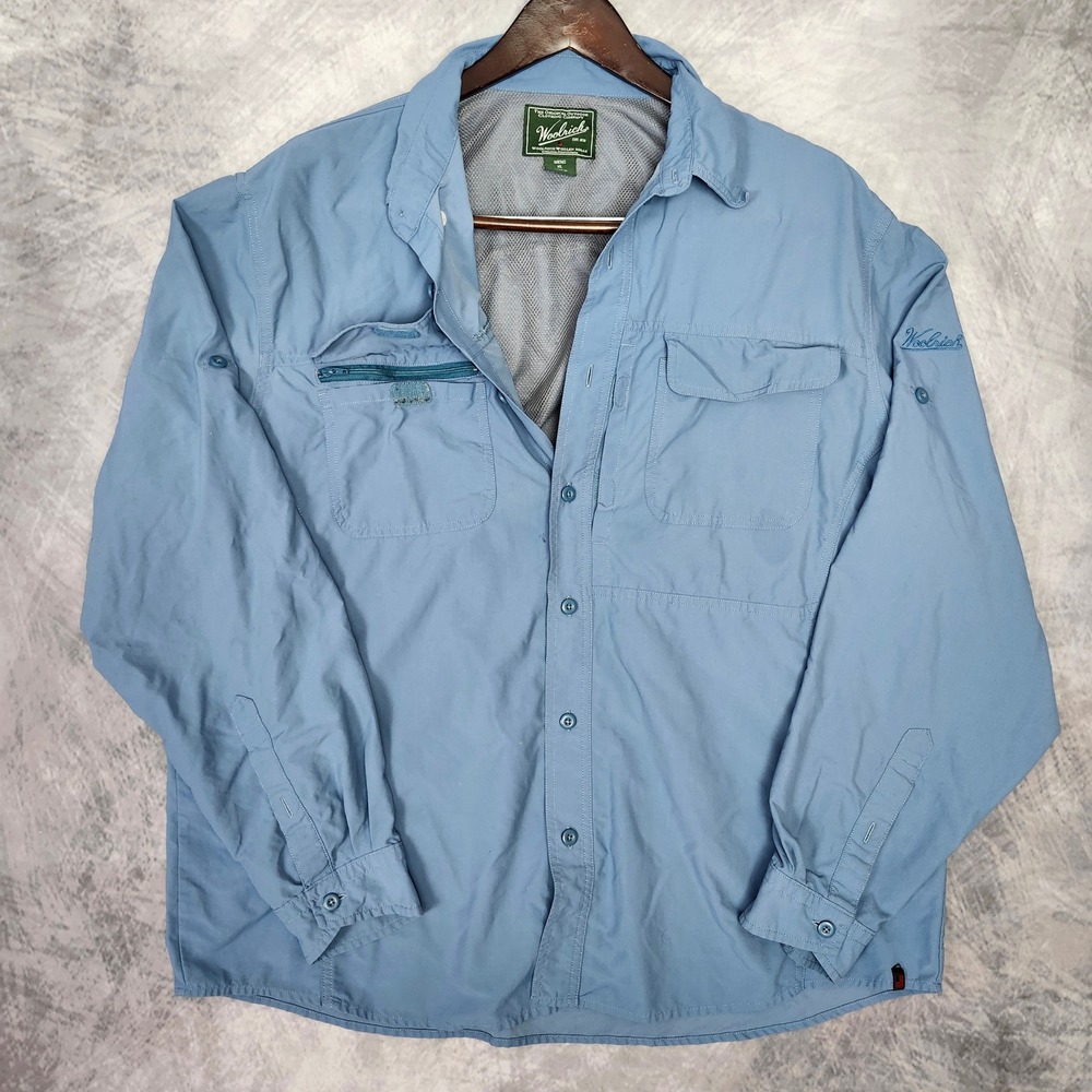 Woolrich Fishing Utility Shirt Mens XL Blue Vented Mesh Back Outdoor Long Sleeve
